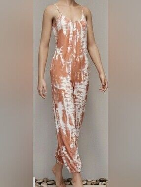 ** Tie-Dye Sleeveless Jumpsuit in Rust and White With Pockets Pit 19.5